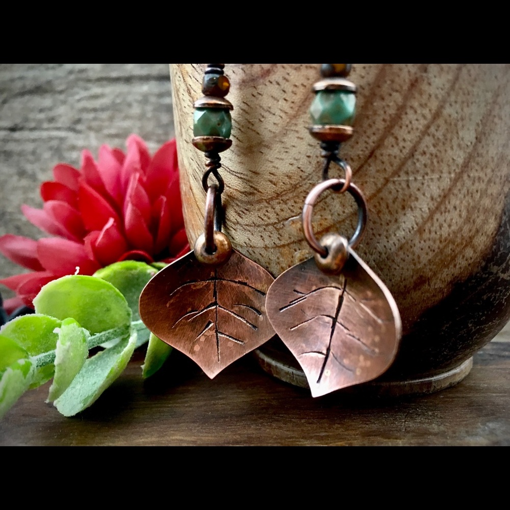 Copper leaf Czech glass bead dangle earrings - Picture 4 of 6